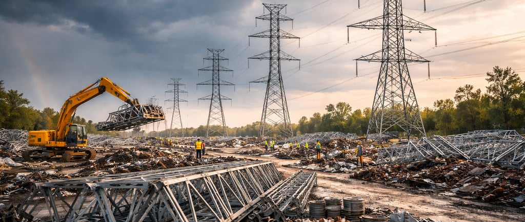 Storm-damaged transmission tower recovery yard with salvaged steel sections.