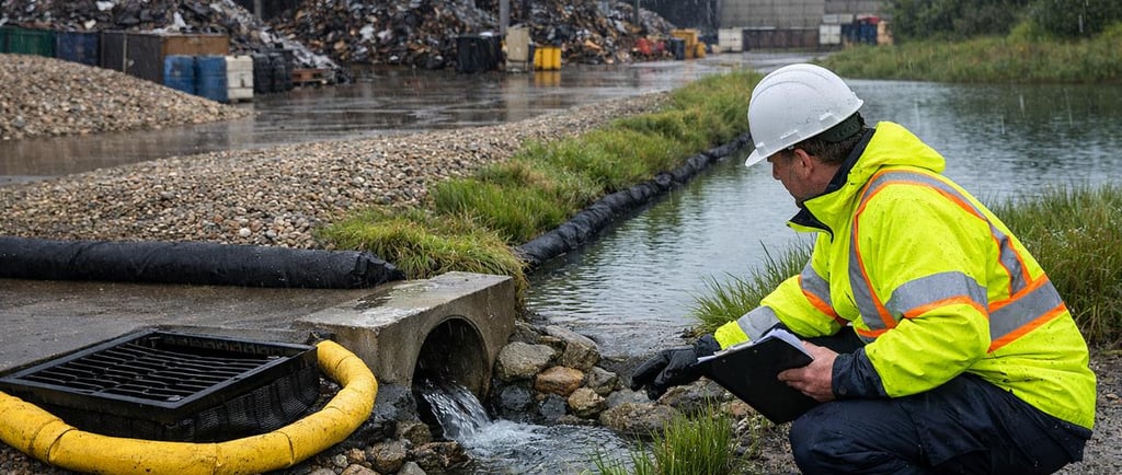 Inspector checks a stormwater outfall at a scrap metal recycling yard during rain.