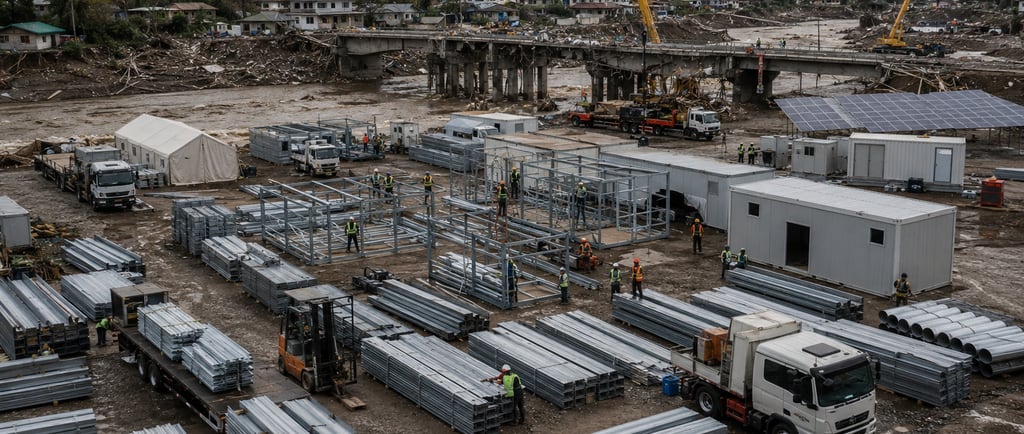 flood recovery staging area with reusable steel, aluminum panels, trucks, modular shelters, cranes
