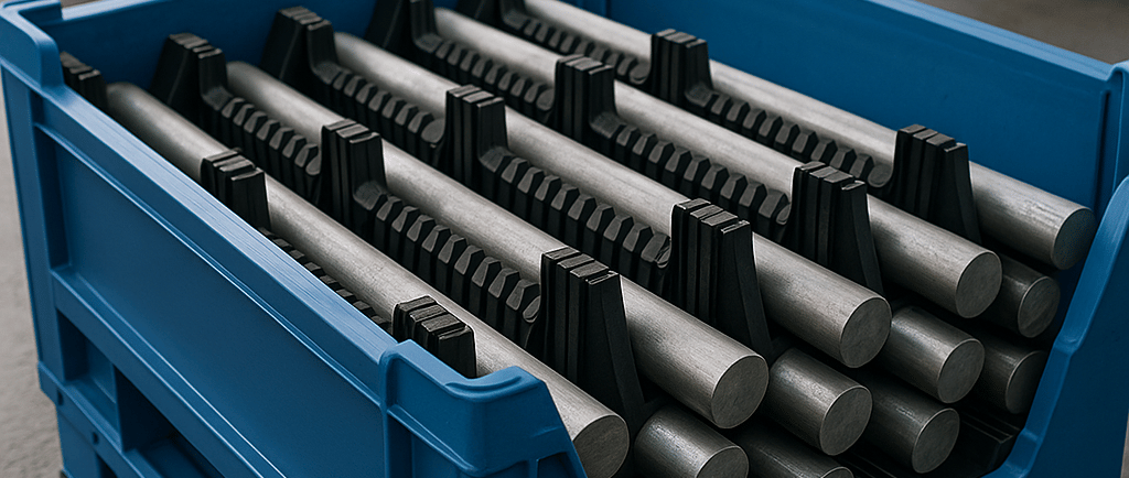 Reusable blue industrial crate holding organized metal bars in a modern metals yard.