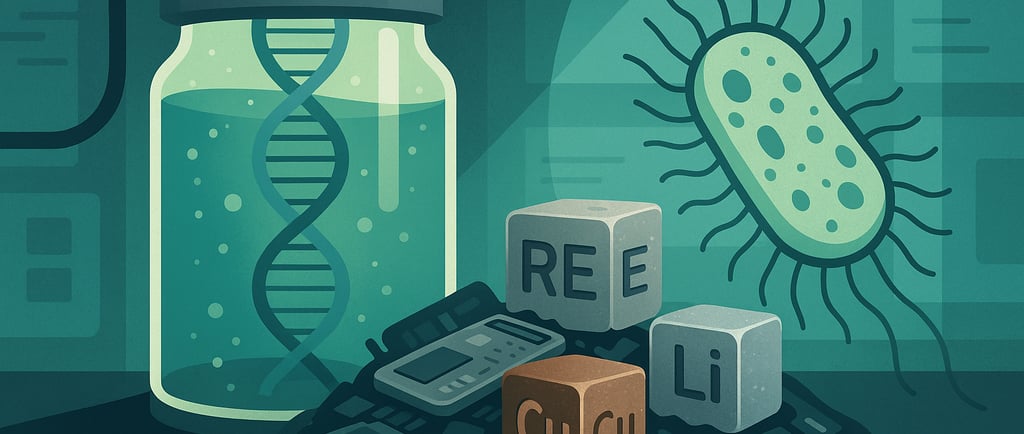 Futuristic lab with bioreactor, DNA strand, e-waste, metal cubes (Cu, Li, REE), and a bacterium symb