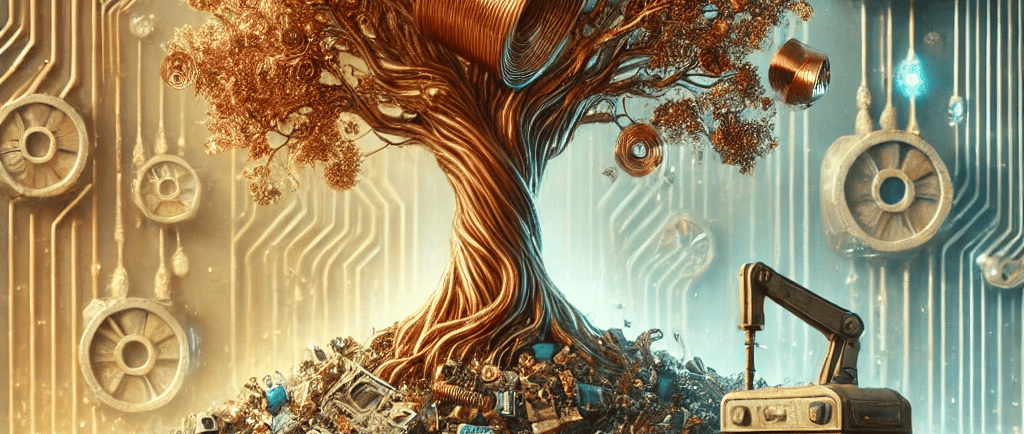 A conceptual illustration of sustainable copper recycling featuring a giant copper tree growing