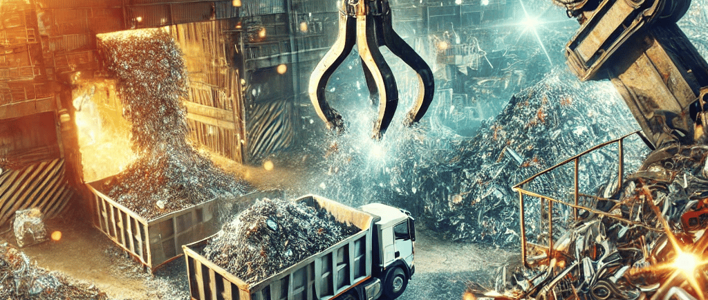 An industrial scrapyard filled with towering piles of scrap metal, including aluminum, steel, and co
