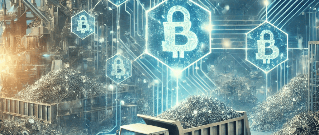 a truck with metal scrap with bitcoin and bitcoin symbols on it
