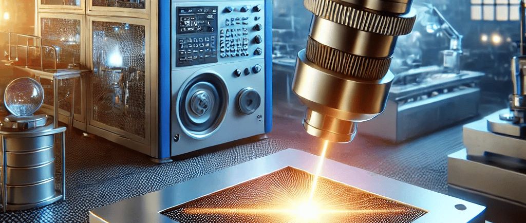 A high-tech LIBS device analyzing a metal sample, with a laser beam creating plasma emission. 