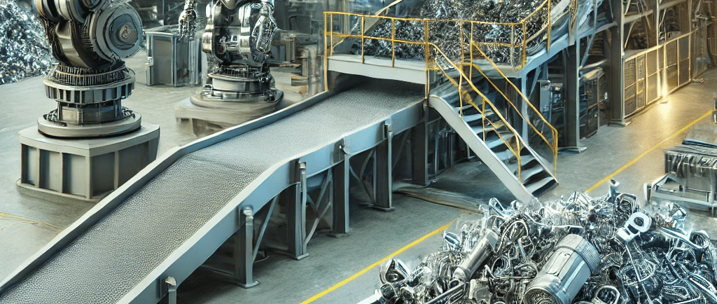 High-tech metal recycling facility with robotic sorting, conveyor belts, and piles of recycled ferro
