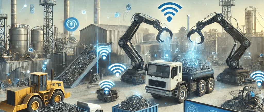 A high-tech scrap yard with IoT technology, featuring RFID-tagged metal scraps, robotic arms scannin
