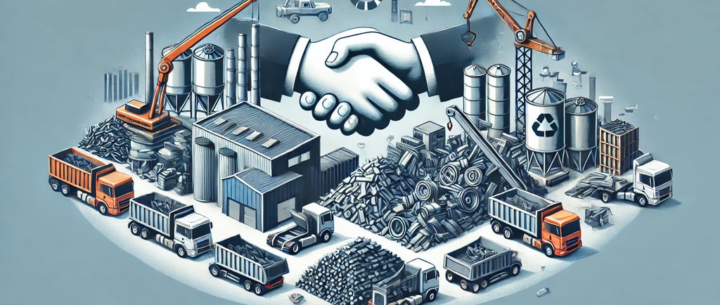An industrial setting featuring neatly organized piles of scrap metal, recycling facilities, and a h