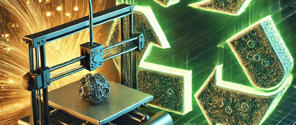 A symbolic representation of sustainable 3D printing using scrap metal, featuring a recycling symbol
