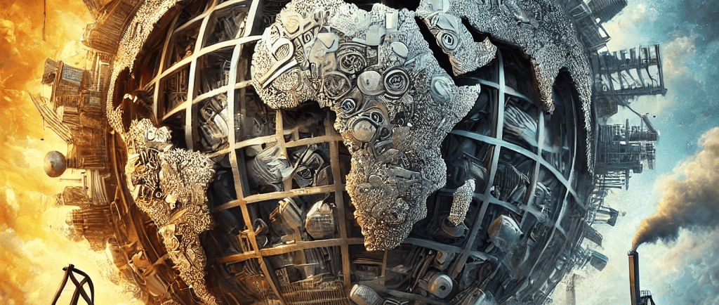 A conceptual metallic globe made of interwoven scrap metal pieces, symbolizing global scrap metal