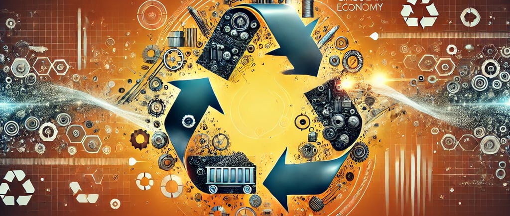Illustration depicting the circular economy concept through dynamic recycling symbols, metal compone