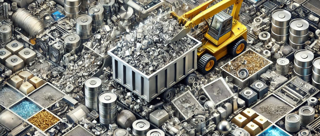 Industrial recycling scene showcasing high-value scrap materials such as palladium, neodymium, lithi