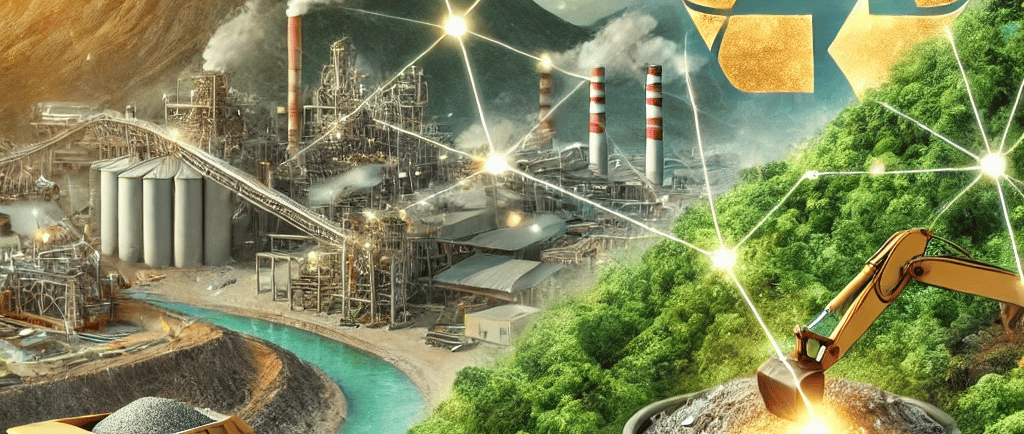 A sustainable precious metals supply chain featuring an eco-friendly mining site with lush greenery,