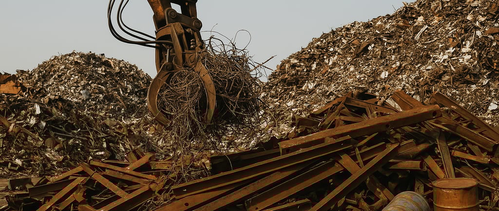  A scrapyard densely filled with rusted scrap metal, featuring an excavator gripping tangled debris 