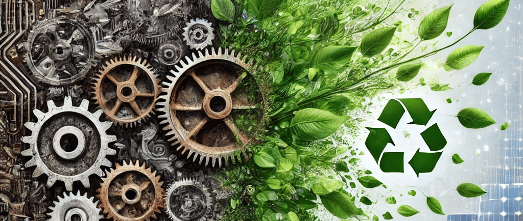 An artistic illustration symbolizing the recycling of legacy materials, showing a transition from rusted industrial waste, ge
