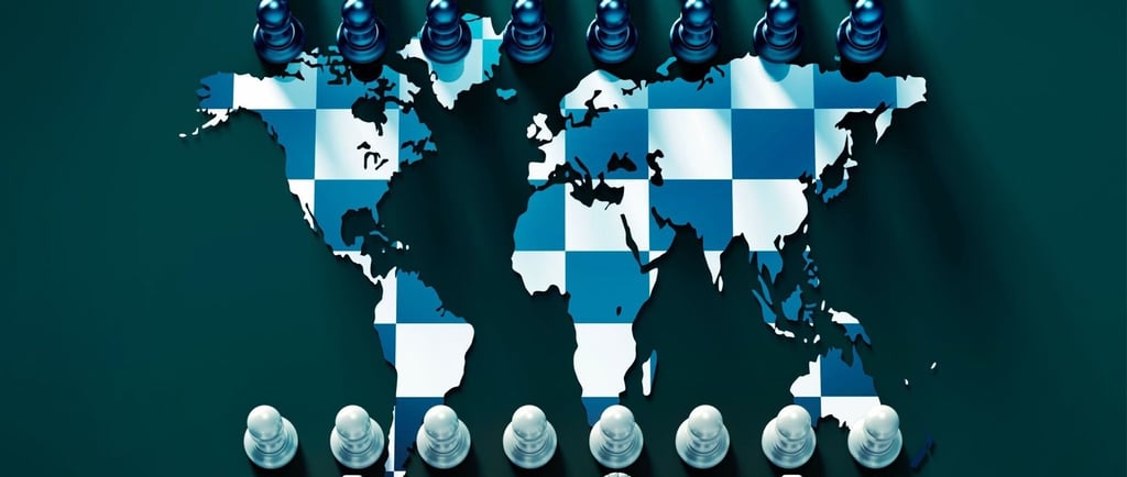  A stylized world map designed as a chessboard, with dark and light chess pieces strategically posit