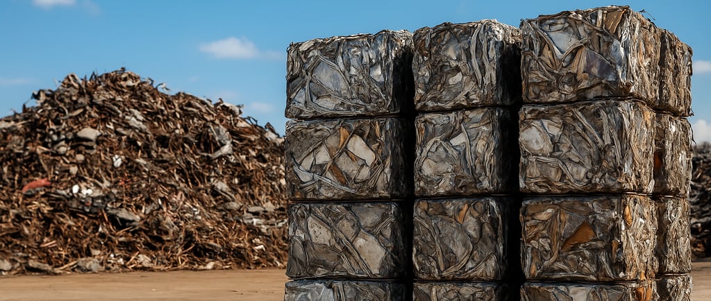 Stacked compressed metal bales in a recycling yard with large piles of scrap metal in the background