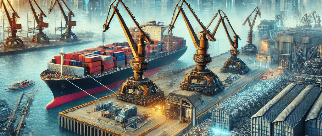 A busy industrial port showcasing the Asia-Pacific scrap metal industry, with cargo ships, towering 