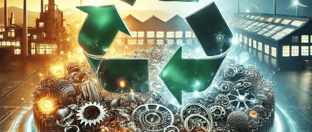 The image features a closed-loop recycling cycle with glowing metal scraps being transformed into re