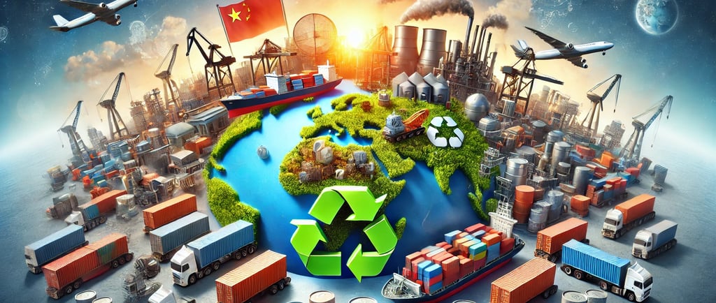 Global scrap metal recycling scene highlighting China's central role, featuring cargo ships, contain