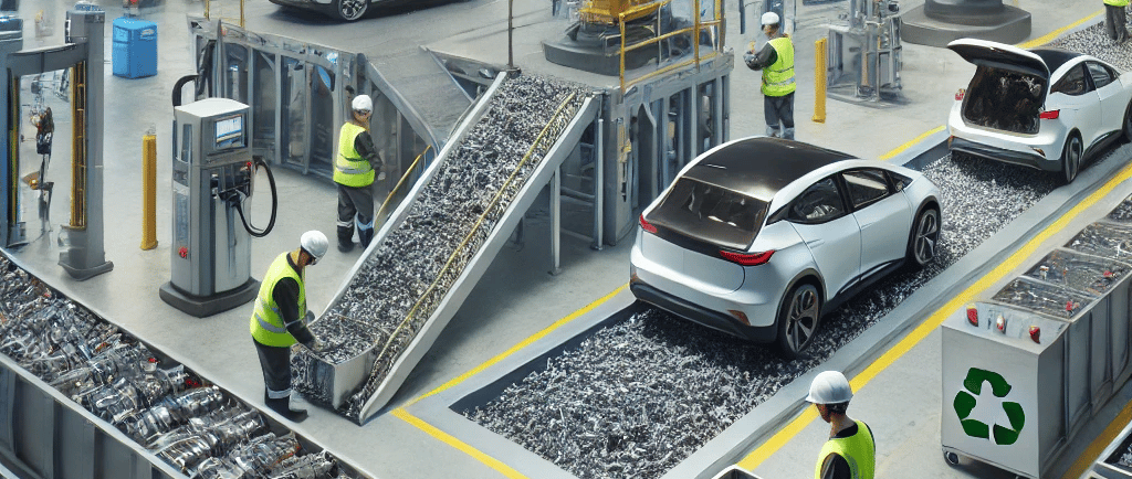 A hyper-realistic catalytic converter recycling facility with workers in safety gear handling used c