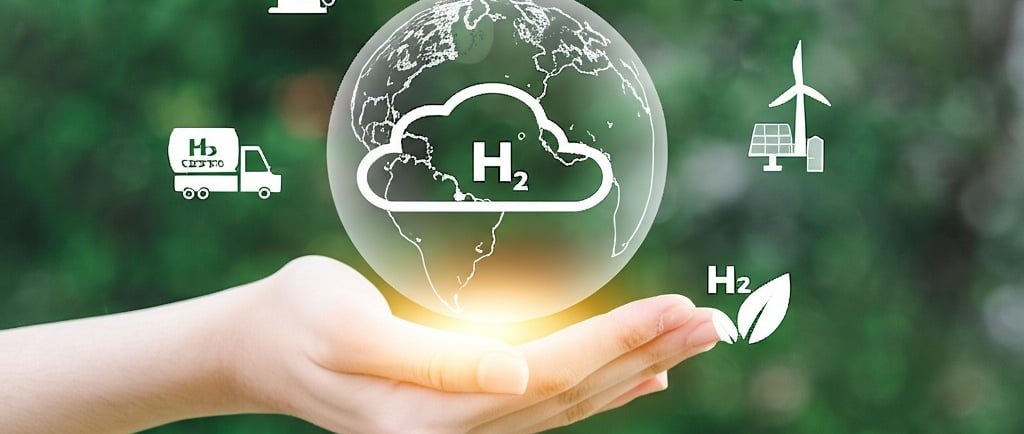 A hand holding a glowing globe with a hydrogen (H₂) symbol at its center, surrounded by icons repres