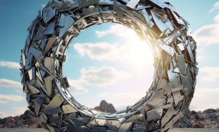 A large circular sculpture made from scrap metal recycling materials, including metal sheets and ele