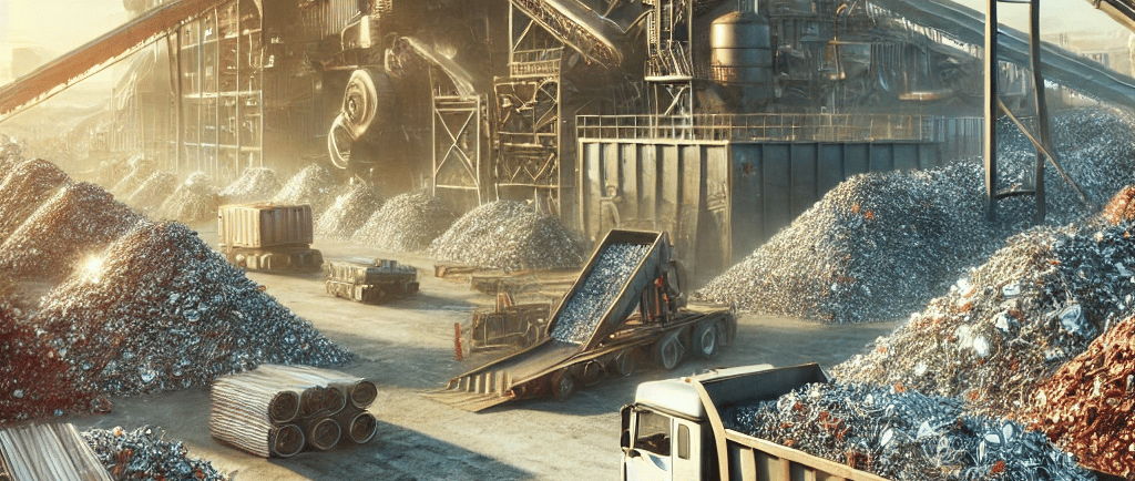 An industrial scrapyard with large piles of sorted scrap metal, including aluminum, copper, and stee