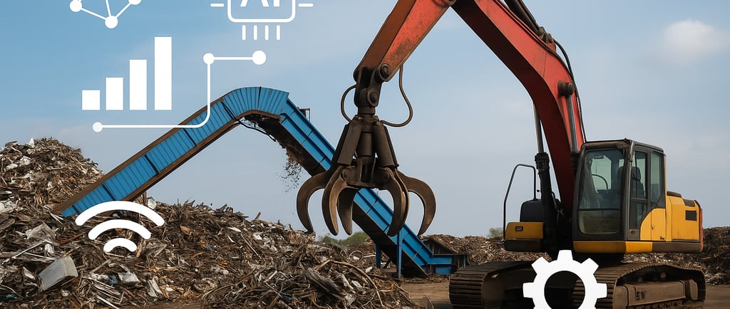 Excavator sorting scrap metal at a modern, tech-enabled scrap yard with conveyor belt in the back