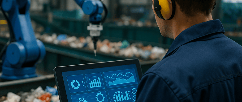 Worker using touchscreen to control robotic sorter in a recycling facility.