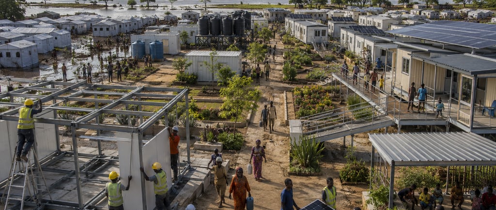 Climate migration settlement with reusable modular buildings, raised steel frames, solar panels, etc