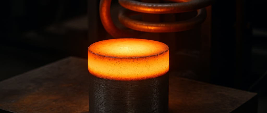 glowing titanium billet heating under induction coil in metallurgical furnace