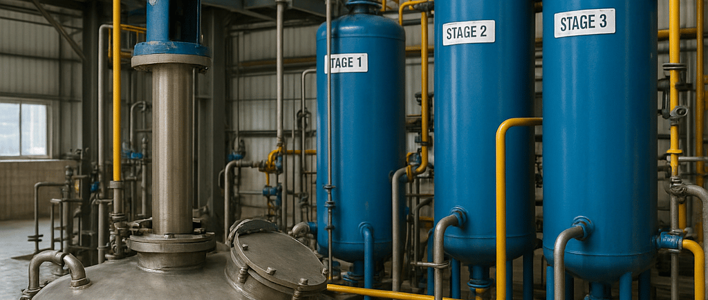 Industrial plant with stainless steel tank and blue solvent extraction columns connected by pipes.