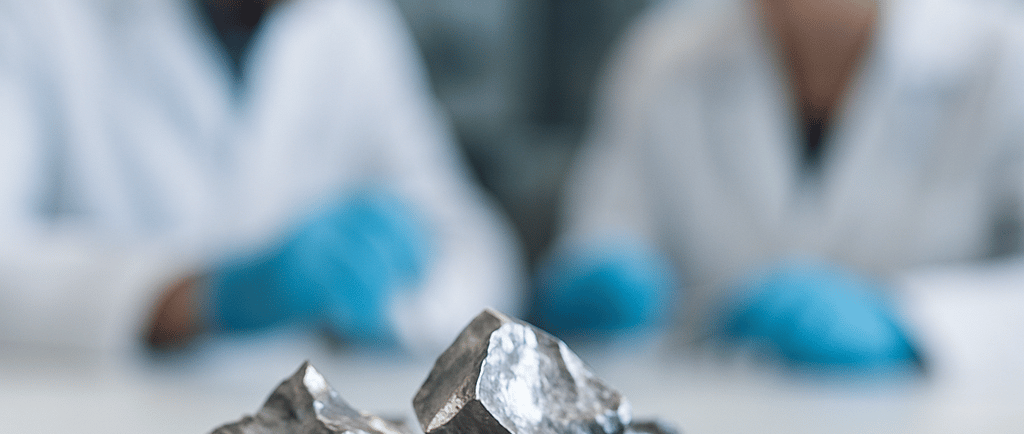 Titanium metal chunks on a lab table with blurred scientists in the background.
