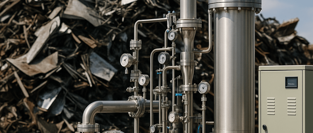 Supercritical CO₂ extraction skid beside a steel scrap pile.