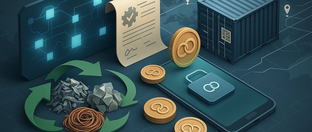 3D image of metals, blockchain, and tokens symbolizing recycling credits.