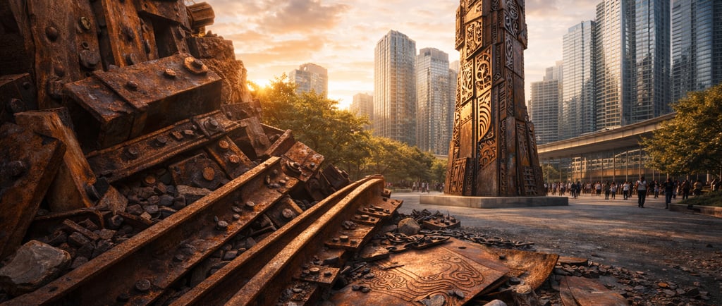 Rusted scrap metal transforming into a reclaimed steel monument in a modern city setting.