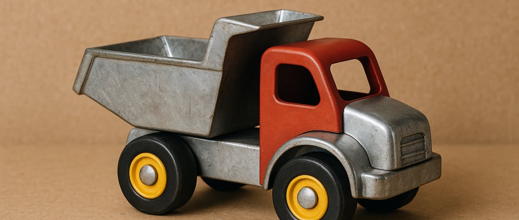 Recycled metal toy dump truck with red cabin and yellow wheels on a brown background.