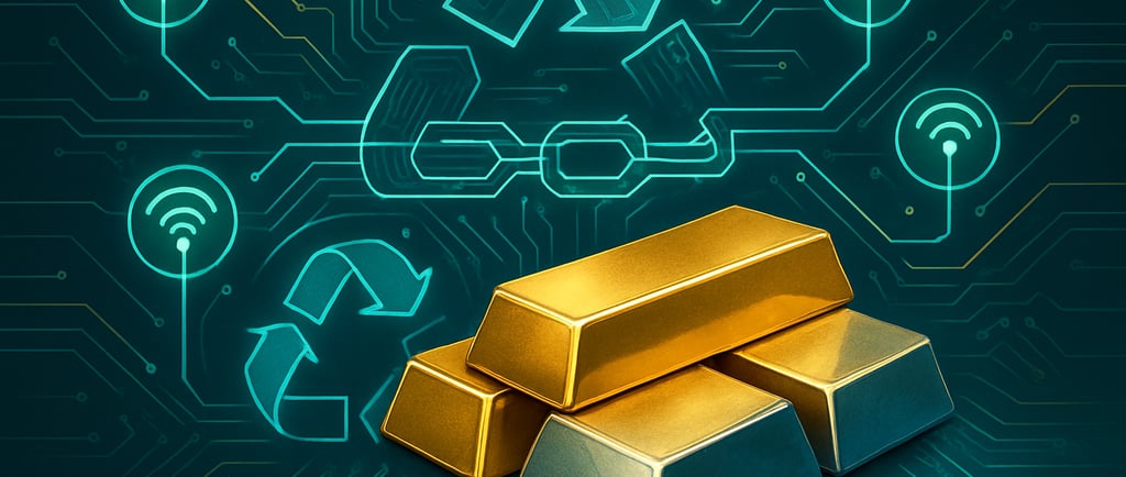 Gold and silver bars amid blockchain circuits and recycling arrows.