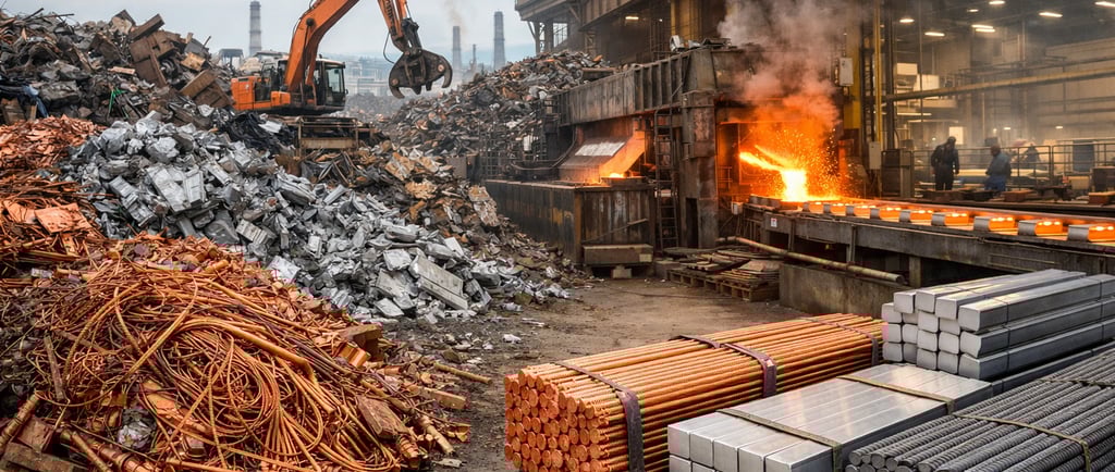Scrap metal yard feeding into furnace with molten metal cast into finished bars.