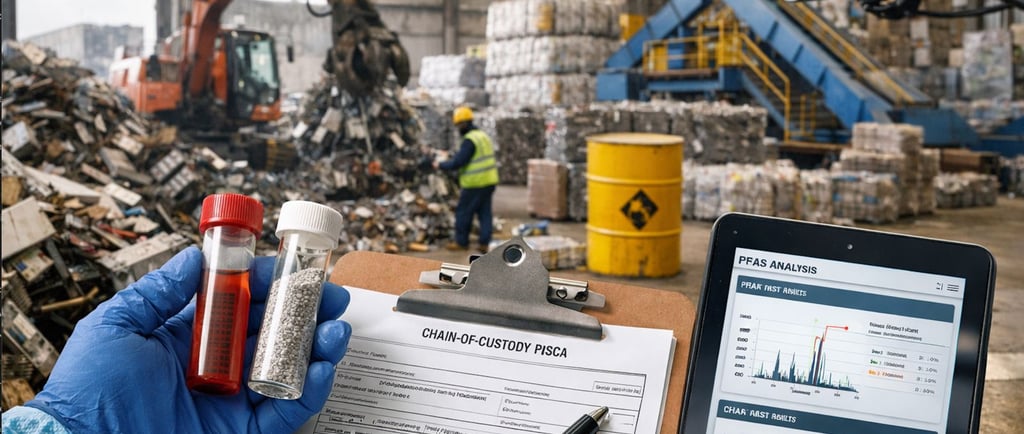 Gloved hand holding sample vials and a chain-of-custody form inside a recycling facility.