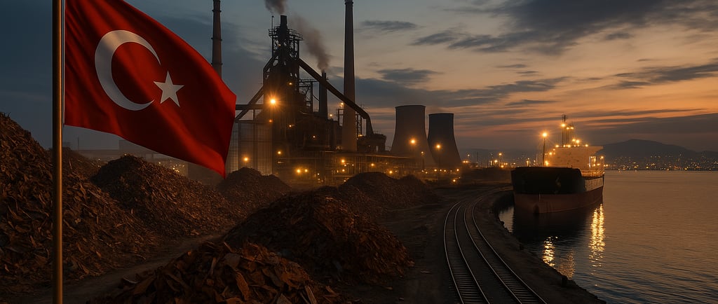 Turkish steel port at dusk with scrap piles, cranes, and a bulk carrier.