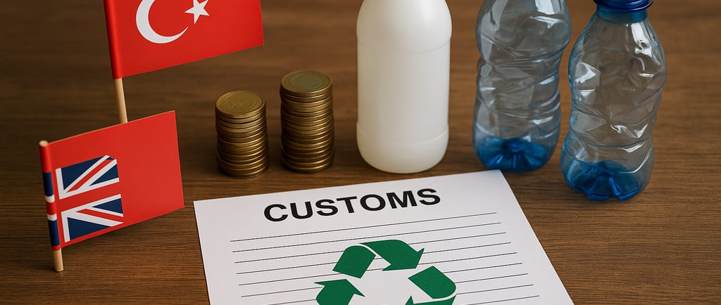 Turkey and UK flags with plastic bottles and recycling customs document.