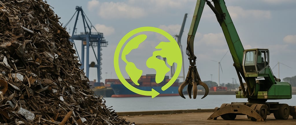 Scrap pile with claw machine at port, cranes and wind turbines in background.