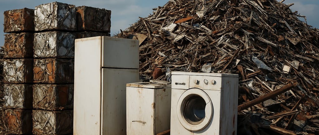 A daytime photograph of a scrap metal yard filled with old appliances, compressed metal bales, and p