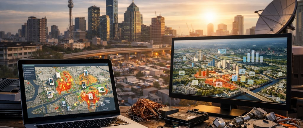 City skyline with GIS maps and dismantled electronics showing urban mine mapping.