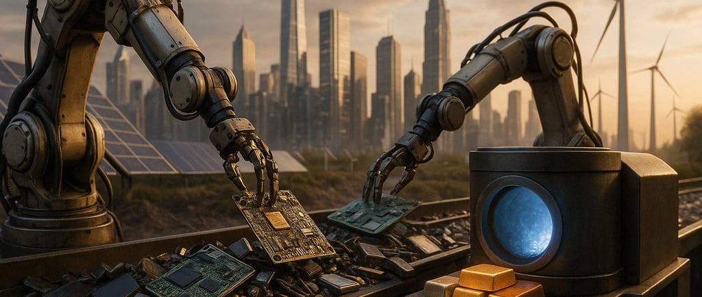 Robotic arms in a futuristic city extract metals from e-waste, with glowing ingots and renewable ene