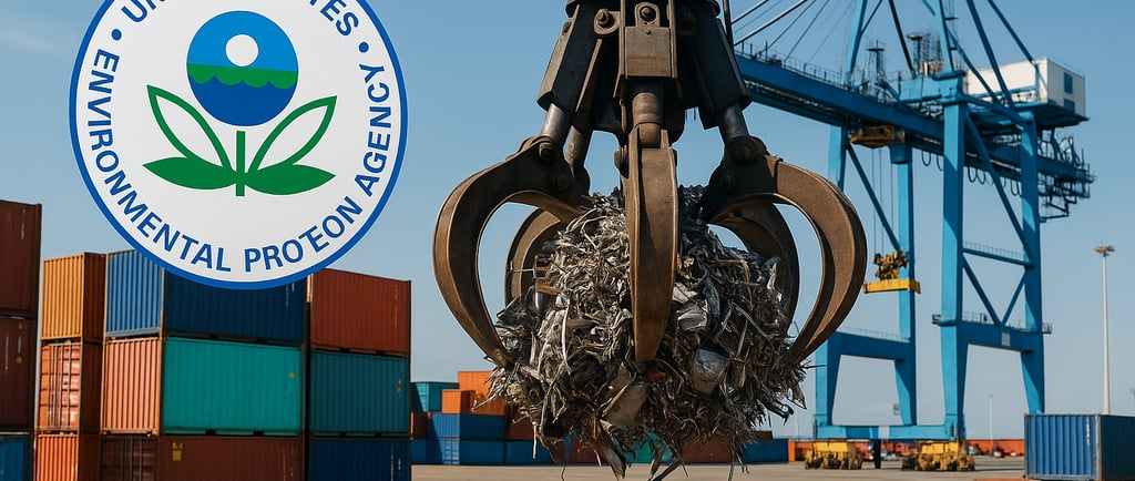 Crane lifting scrap metal at a port with shipping containers.