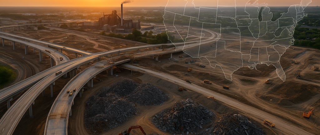 Aerial view of a large highway construction site with scrap metal piles and a steel mill at sunset.