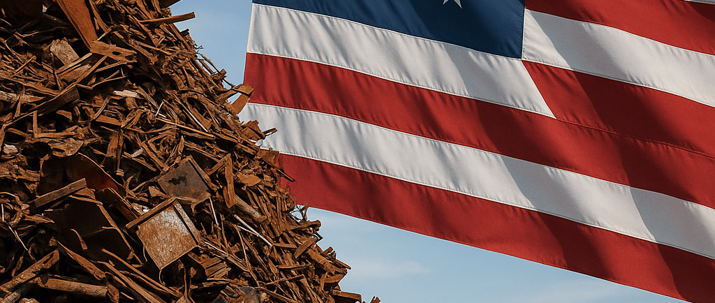 Rusted scrap pile with U.S. flag in the background and a container ship at sea.
